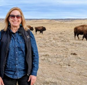 Jody standing in front of Bison at Soapstone Prairie.